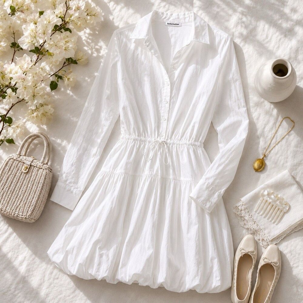 NWT Reformation White Cotton Bubble Hem Mini Shirt Dress Size 8 Anthropologie